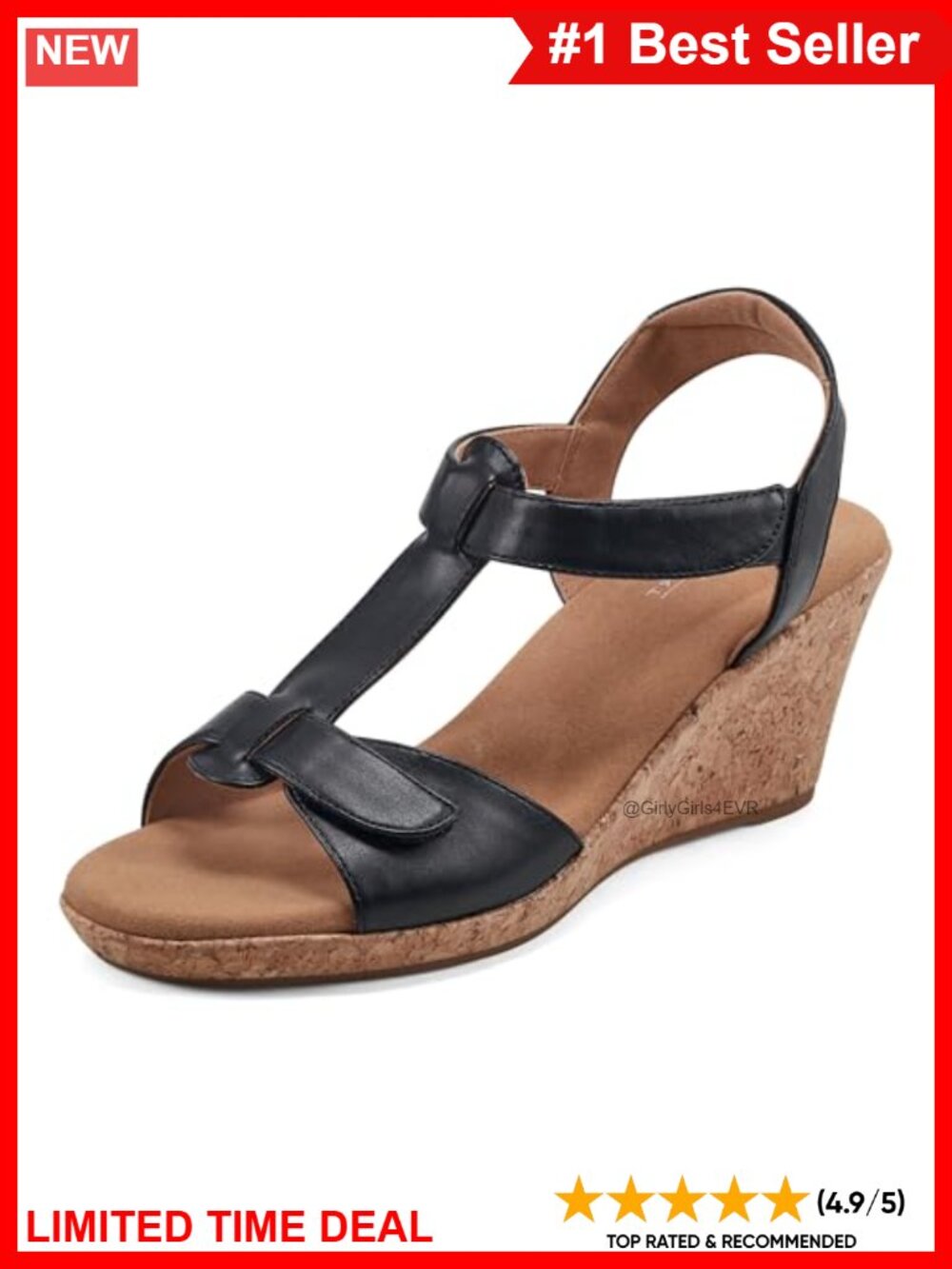 Women's Blanca T Strap Wedge Sandal Leather Lining Hook & Loop Lightweight